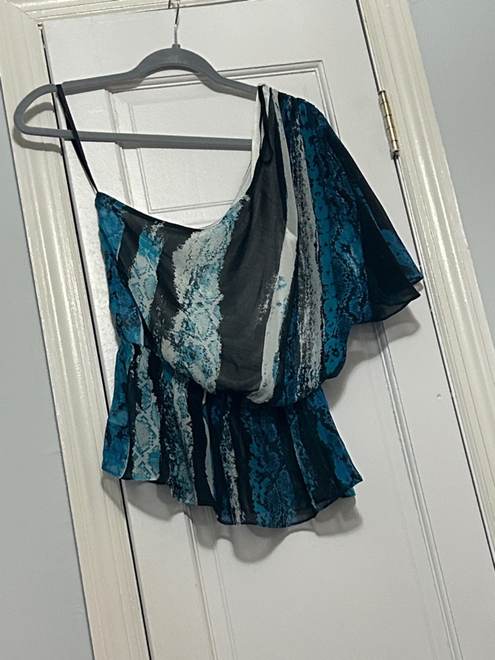 One-Shoulder Teal & Black Patterned Women’s Top